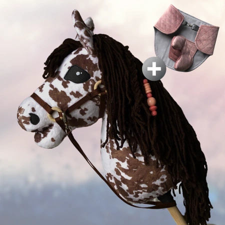 Koń na kiju Hobby Horse - Sabino srokaty z brązową grzywą Duży 