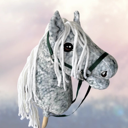 Koń na kiju Hobby Horse - Siwa w hreczkę , Szary z jasnymi włosami PREMIUM A3