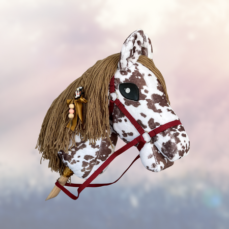 Koń na kiju Hobby Horse  - Sabino srokaty z brązową grzywą, ogłowie GRATIS! rozm. Średni