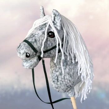 Koń na kiju Hobby Horse - Siwa w hreczkę , Szary z jasnymi włosami PREMIUM rozm. A4